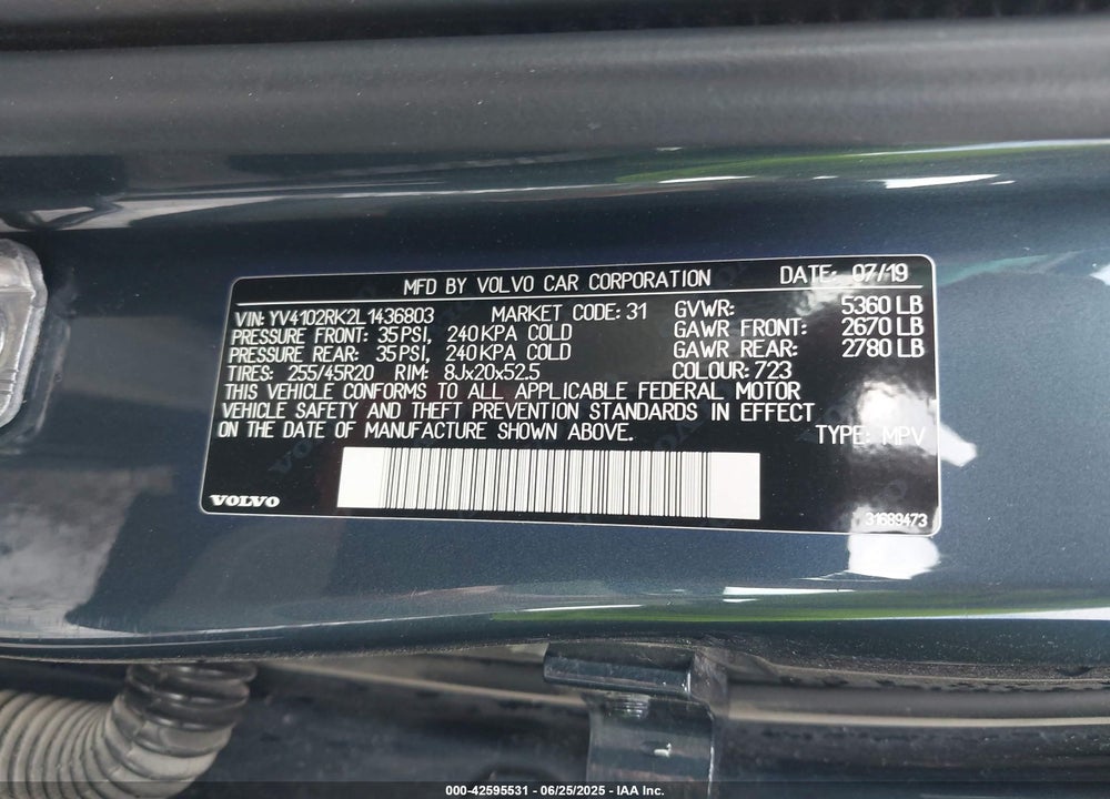 2020 VOLVO XC60 VIN: YV4102RK2L1436803