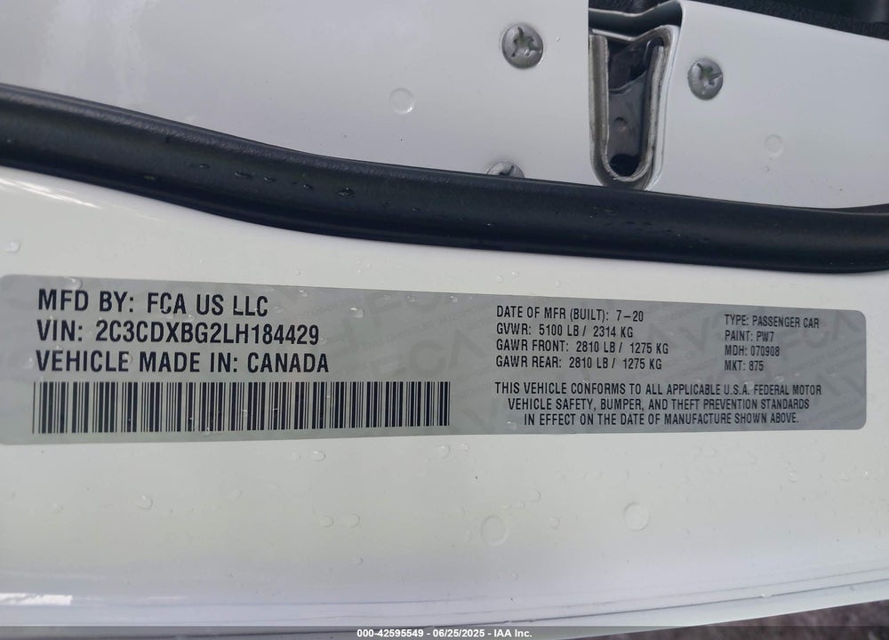 2020 DODGE CHARGER VIN: 2C3CDXBG2LH184429