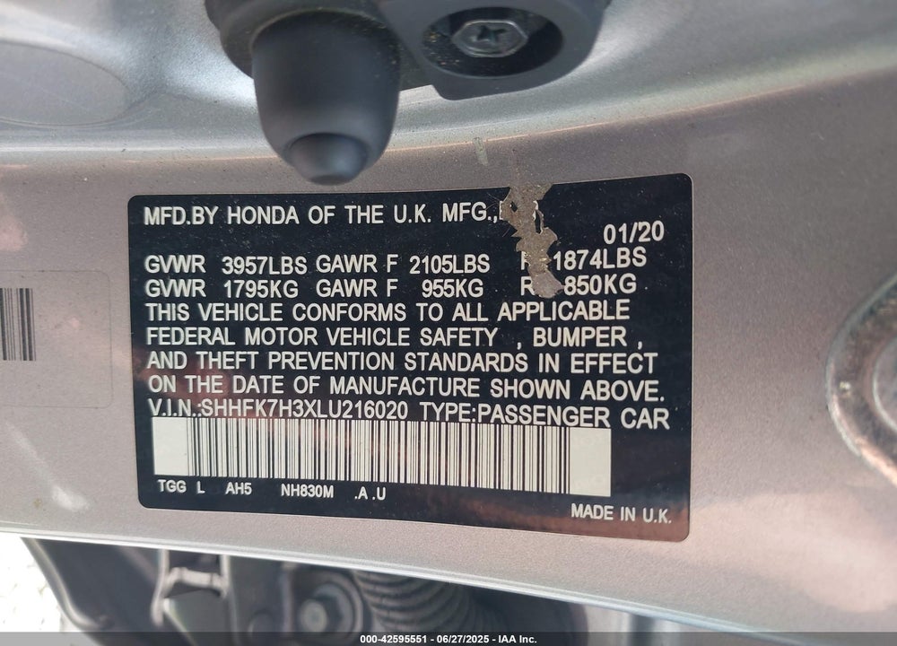 2020 HONDA CIVIC VIN: SHHFK7H3XLU216020