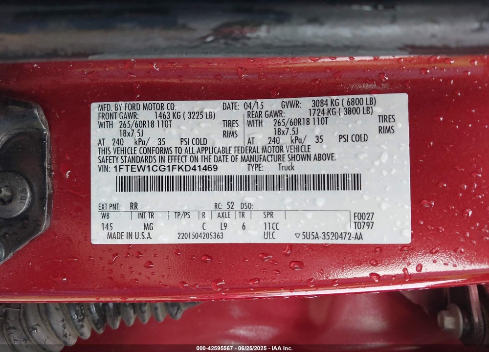 2015 FORD F-150 VIN: 1FTEW1CG1FKD41469