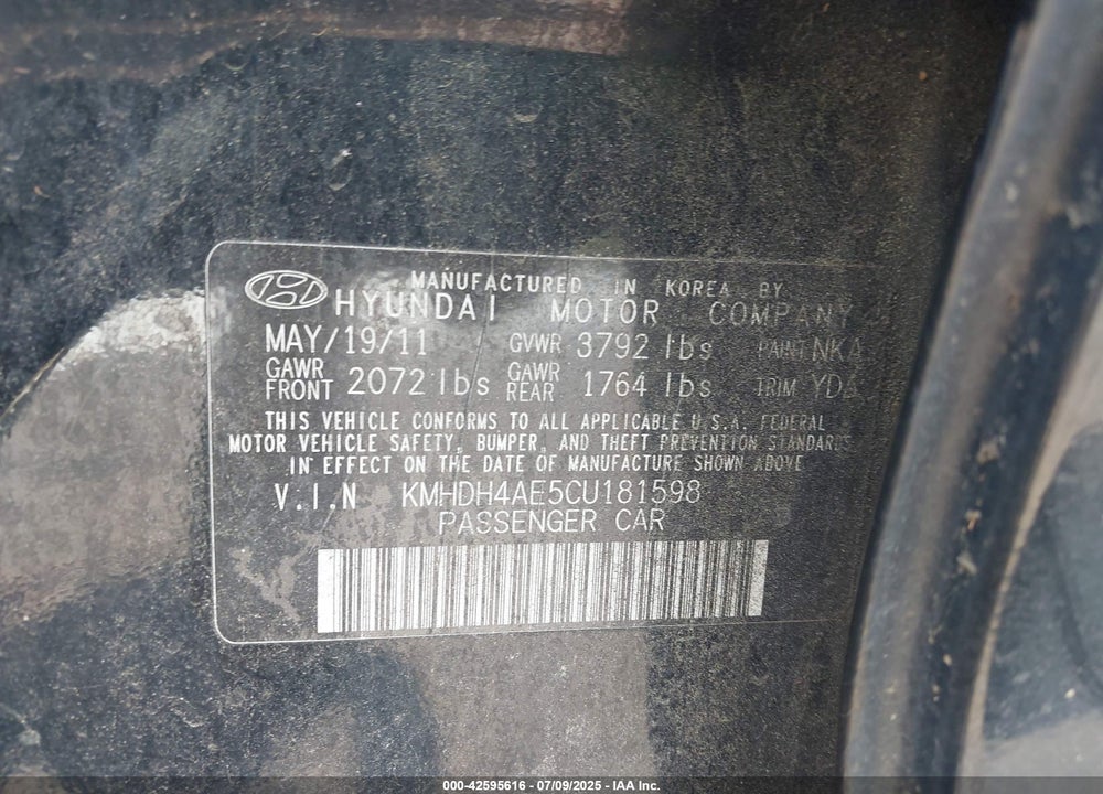 2012 HYUNDAI ELANTRA LIMITED (ULSAN PLANT) VIN: KMHDH4AE5CU181598