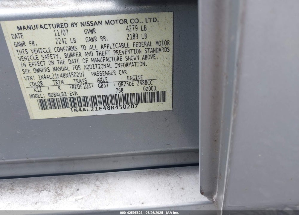 2008 NISSAN ALTIMA 2.5 S VIN: 1N4AL21E48N450207