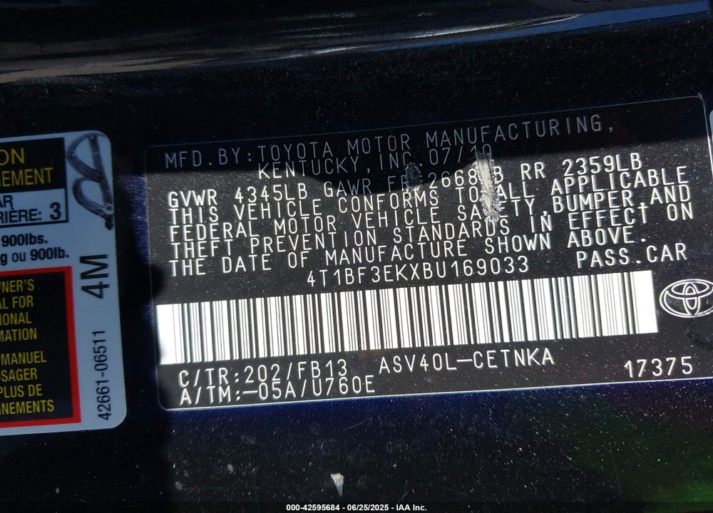 2011 TOYOTA CAMRY VIN: 4T1BF3EKXBU169033