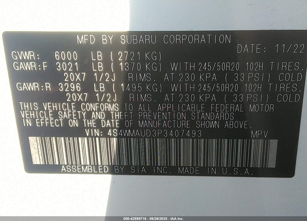 2023 SUBARU ASCENT VIN: 4S4WMAUD3P3407493