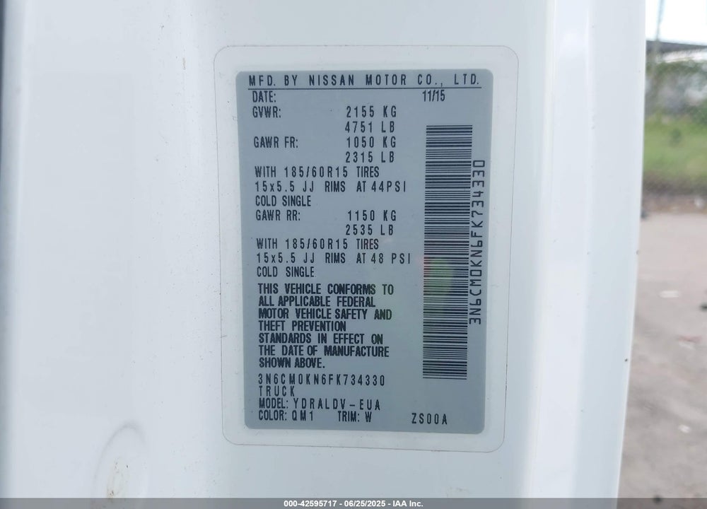 2015 NISSAN NV200 S VIN: 3N6CM0KN6FK734330