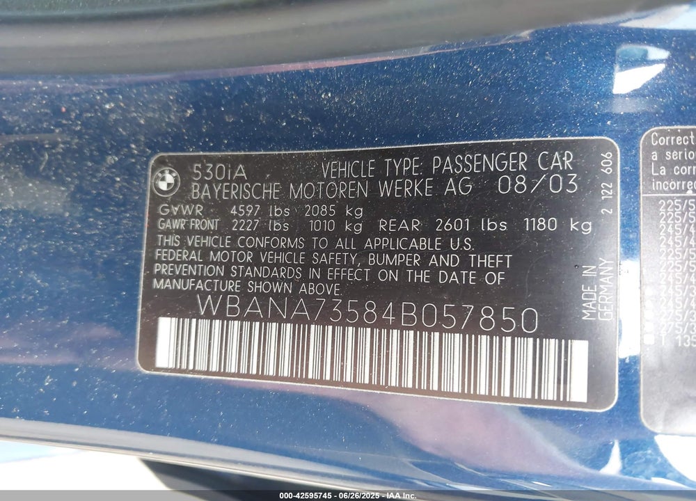 2004 BMW 530I VIN: WBANA73584B057850