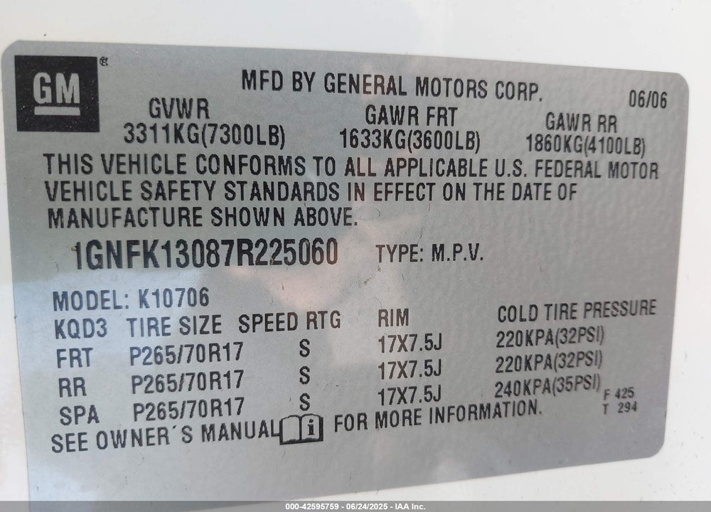 2007 CHEVROLET TAHOE VIN: 1GNFK13087R225060