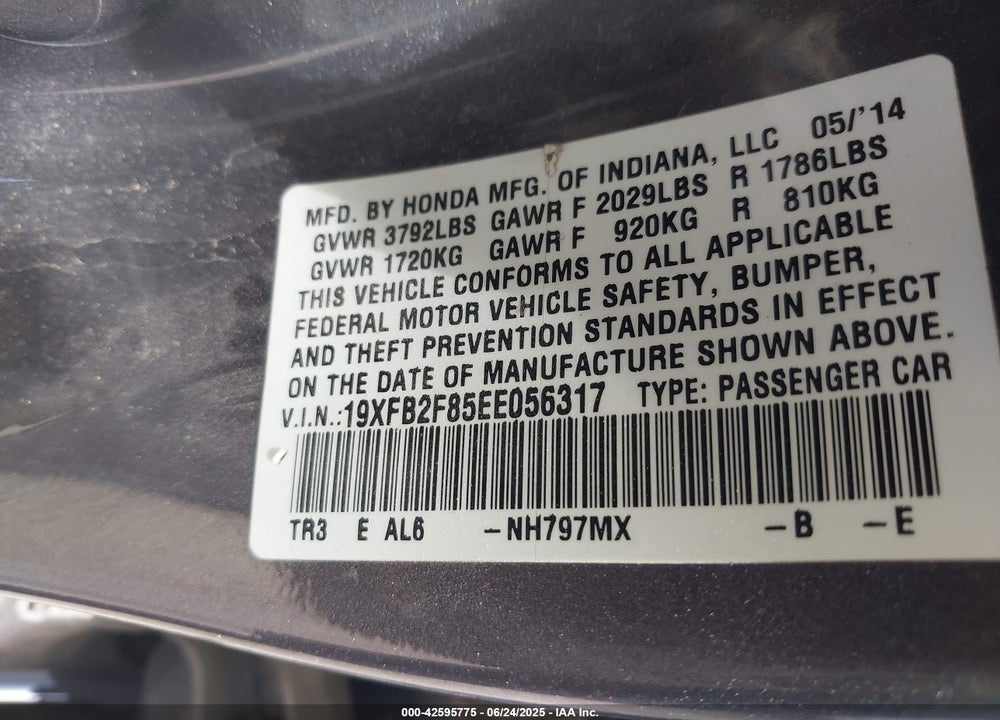2014 HONDA CIVIC EX VIN: 19XFB2F85EE056317