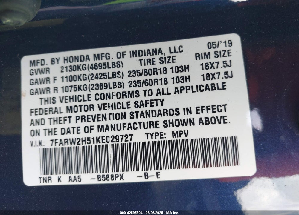 2019 HONDA CR-V EX VIN: 7FARW2H51KE029727