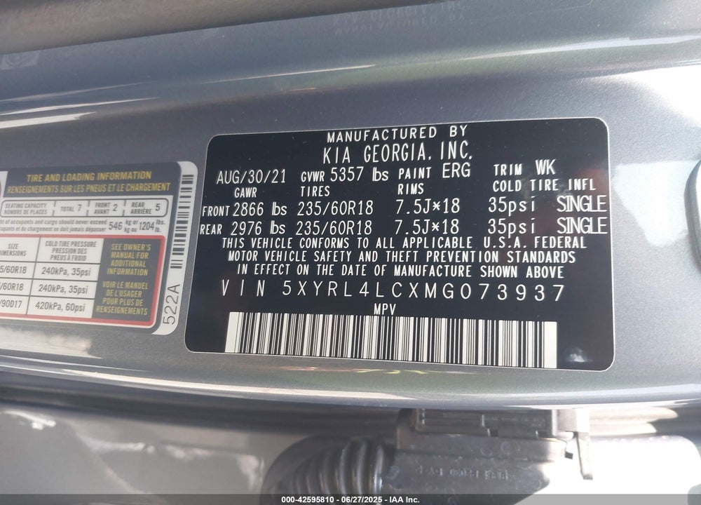 2021 KIA SORENTO S VIN: 5XYRL4LCXMG073937