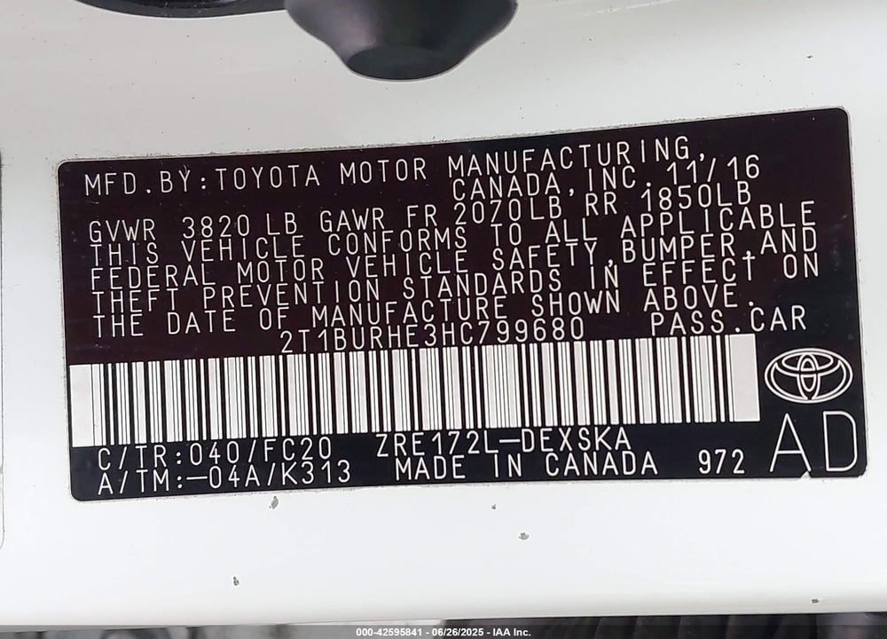 2017 TOYOTA COROLLA VIN: 2T1BURHE3HC799680