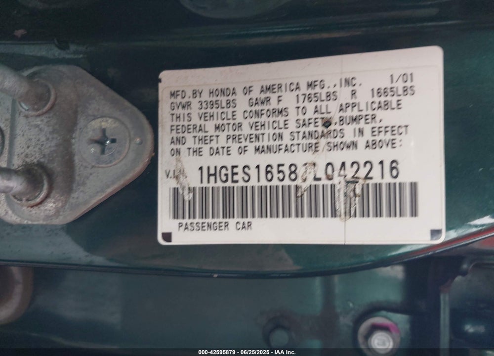2001 HONDA CIVIC LX VIN: 1HGES16581L042216