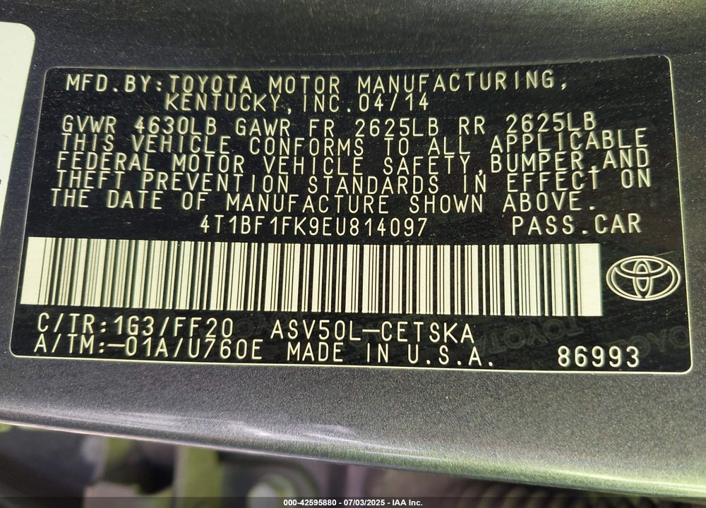 2014 TOYOTA CAMRY VIN: 4T1BF1FK9EU814097