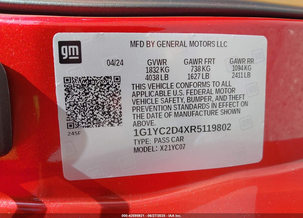 2024 CHEVROLET CORVETTE STINGRAY VIN: 1G1YC2D4XR5119802