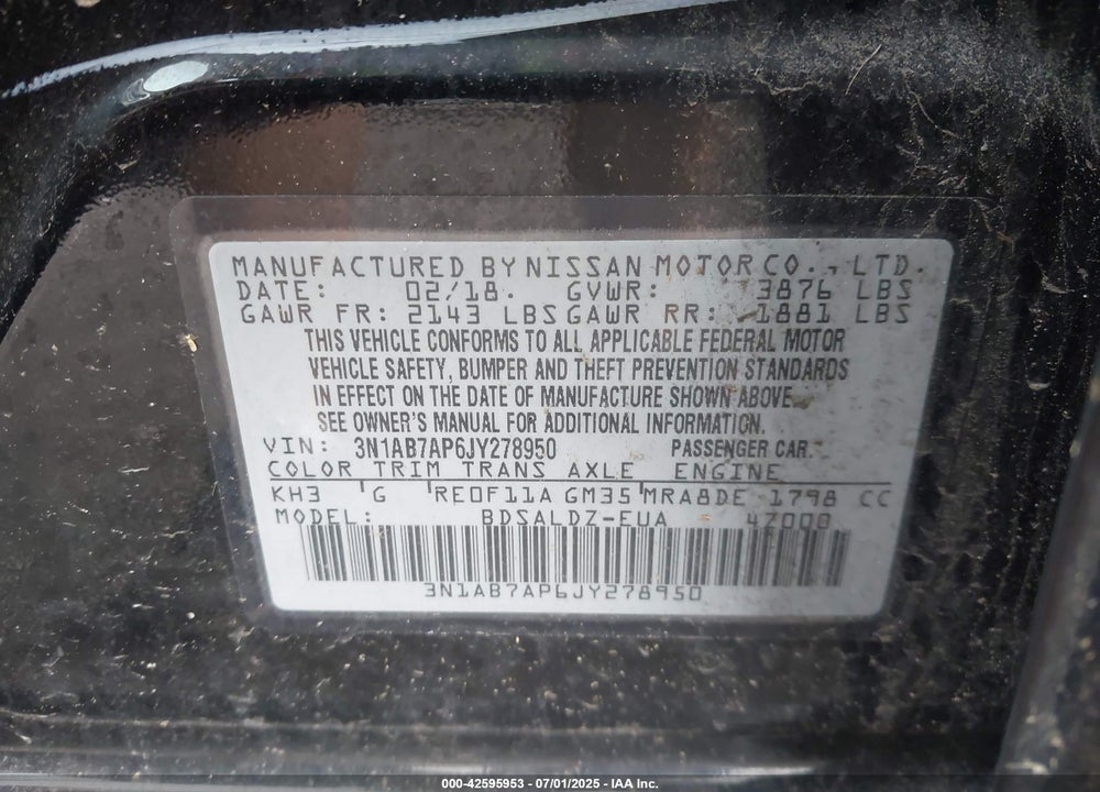 2018 NISSAN SENTRA VIN: 3N1AB7AP6JY278950
