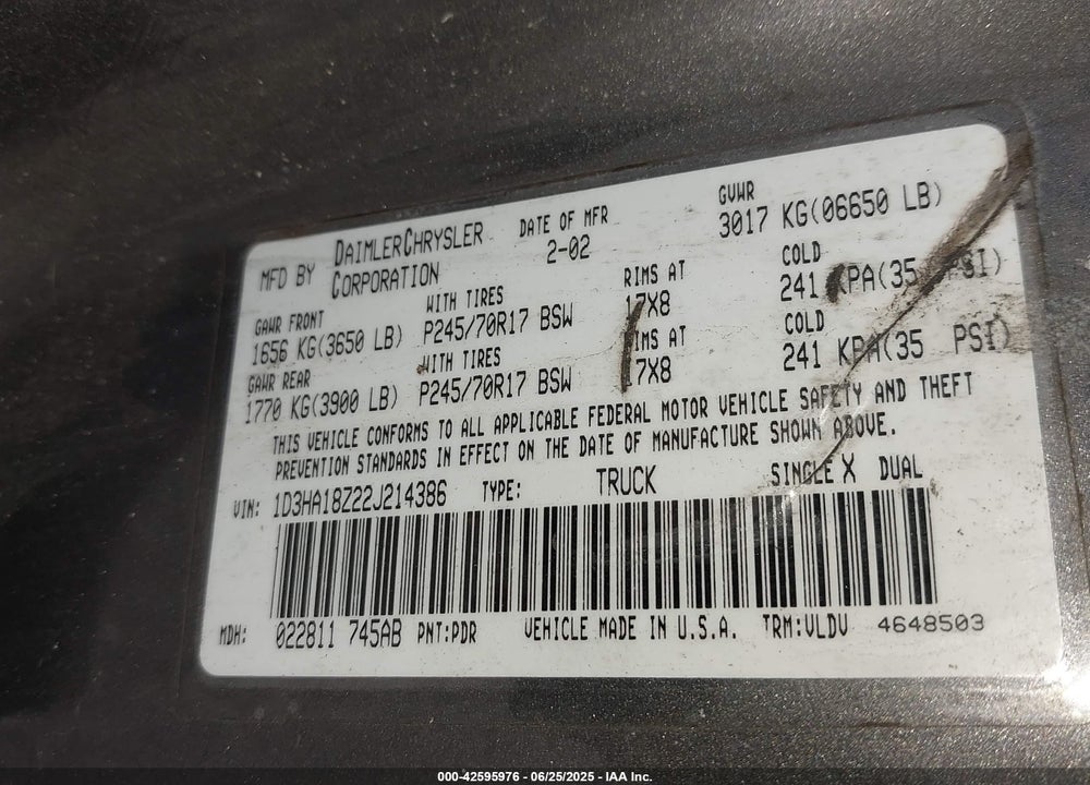 2002 DODGE RAM 1500 ST VIN: 1D3HA18Z22J214386