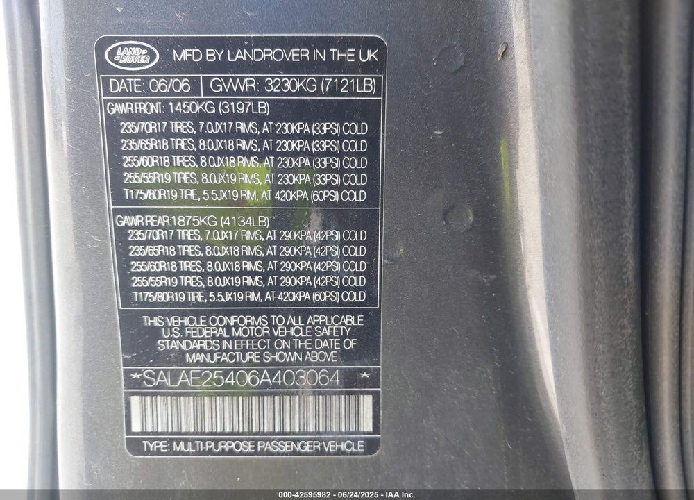 2006 LAND ROVER LR3 V8 SE VIN: SALAE25406A403064