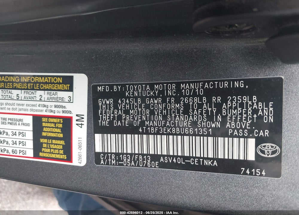 2011 TOYOTA CAMRY LE VIN: 4T1BF3EK8BU661351