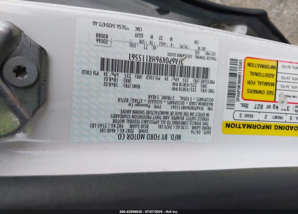 2017 FORD FUSION VIN: 3FA6P0K96HR115561