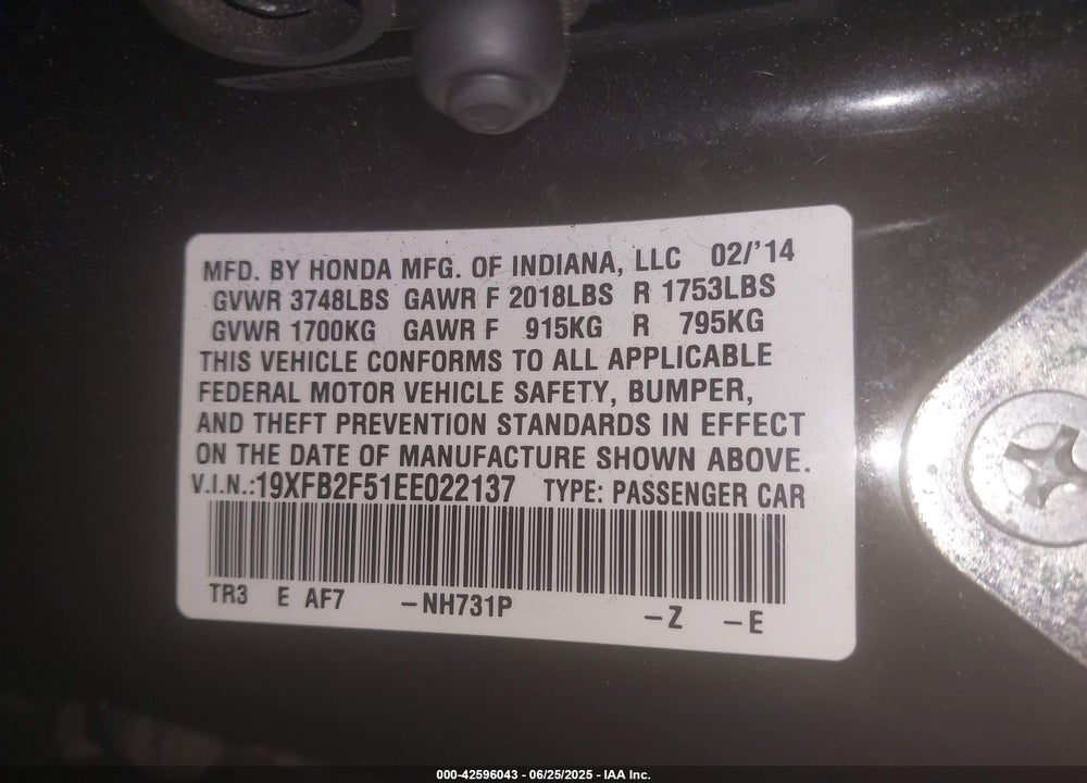 2014 HONDA CIVIC LX VIN: 19XFB2F51EE022137