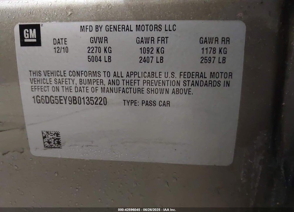 2011 CADILLAC CTS VIN: 1G6DG5EY9B0135220