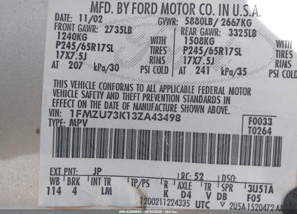 2003 FORD EXPLORER NBX/XLT VIN: 1FMZU73K13ZA43498