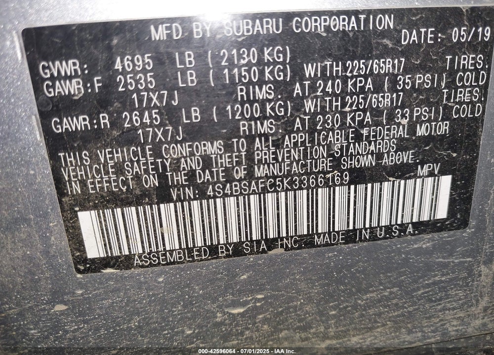 2019 SUBARU OUTBACK VIN: 4S4BSAFC5K3366169