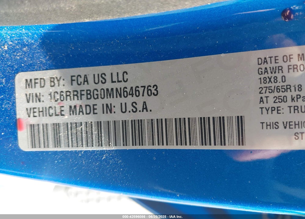 2021 RAM 1500 VIN: 1C6RRFBG0MN646763