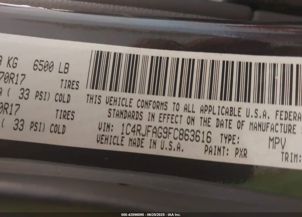 2015 JEEP GRAND CHEROKEE VIN: 1C4RJFAG9FC863616