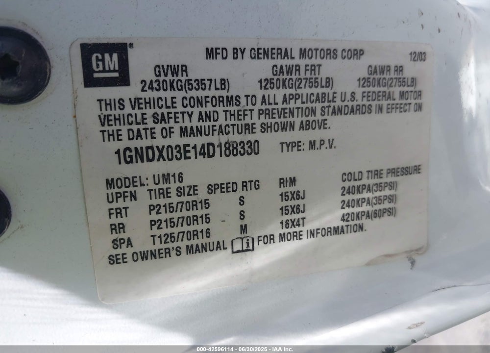 2004 CHEVROLET VENTURE PLUS VIN: 1GNDX03E14D188330