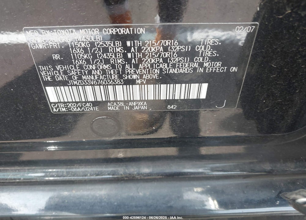 2007 TOYOTA RAV4 VIN: JTMZD33V676036383