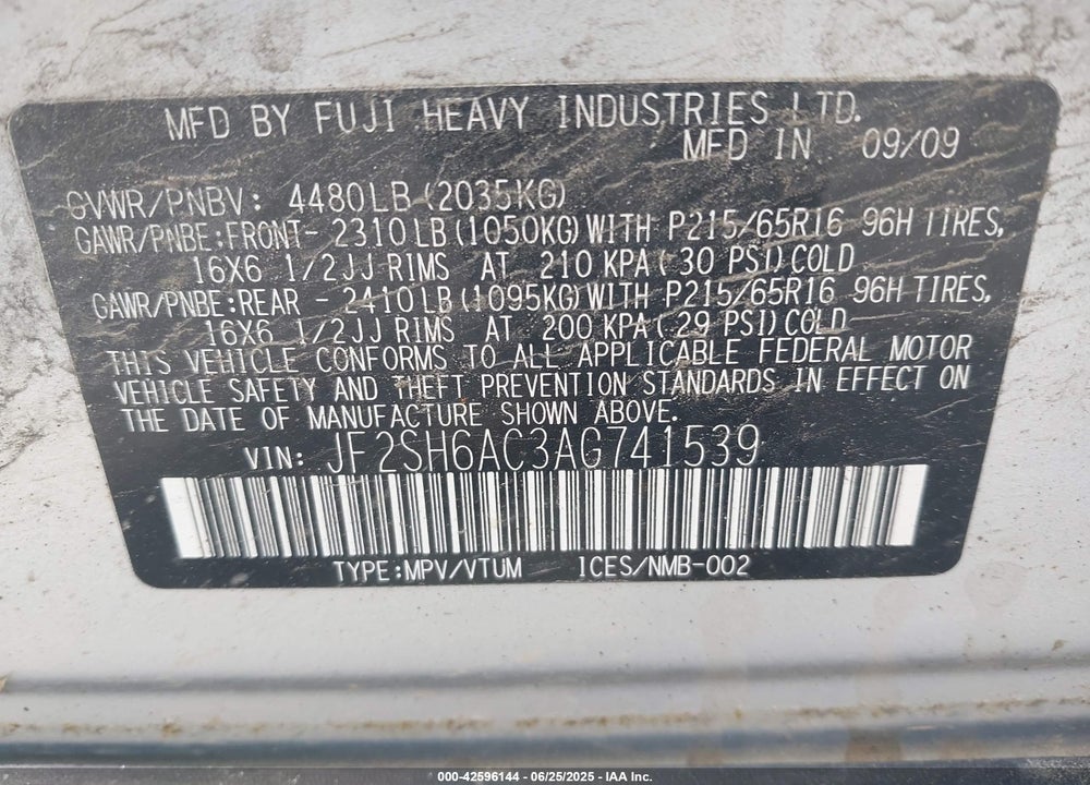 2010 SUBARU FORESTER 2.5X VIN: JF2SH6AC3AG741539