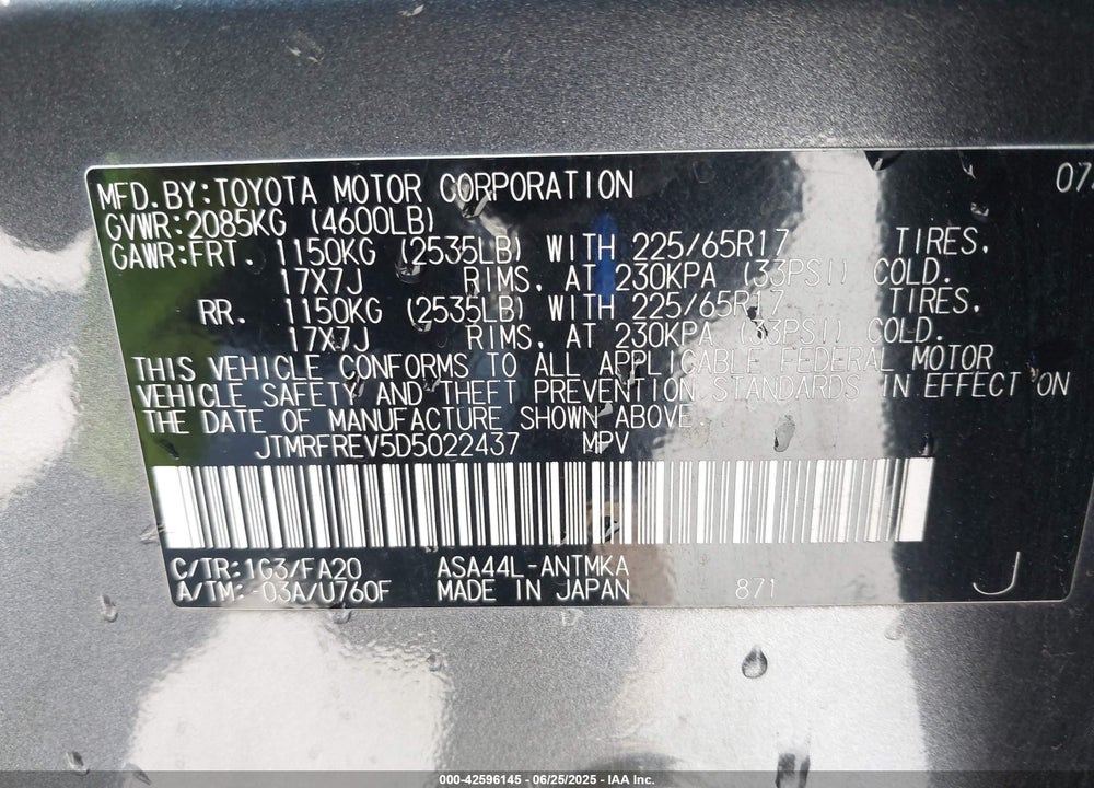 2013 TOYOTA RAV4 VIN: JTMRFREV5D5022437