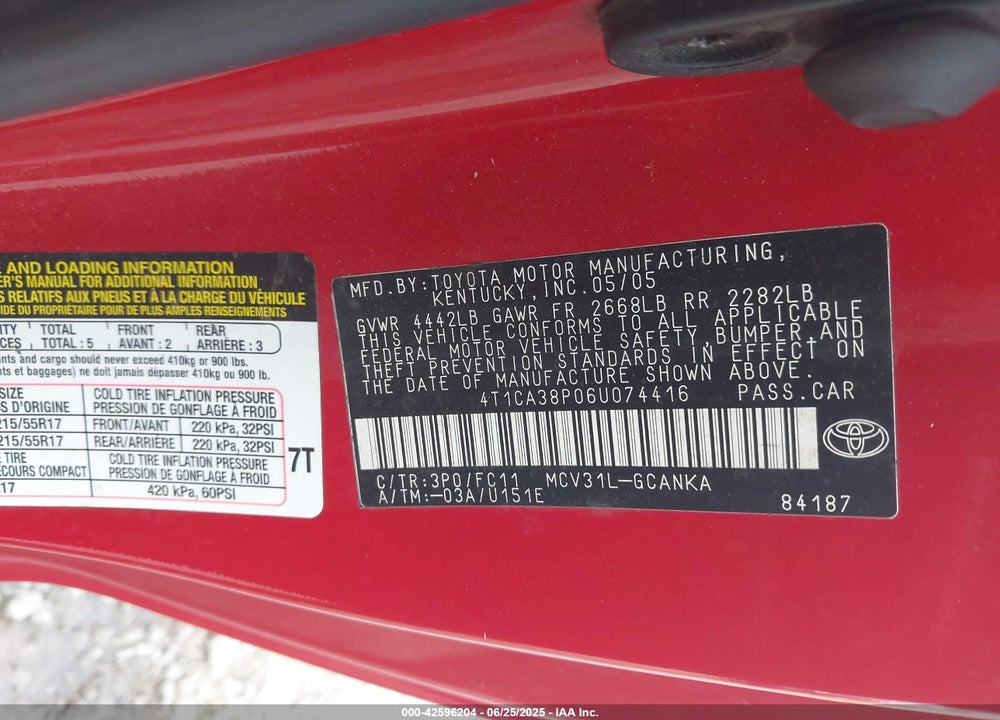 2006 TOYOTA CAMRY SOLARA SE SPORT V6 VIN: 4T1CA38P06U074416