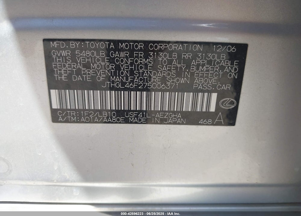 2007 LEXUS LS 460 L VIN: JTHGL46F275006371