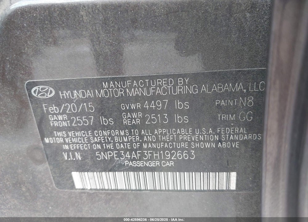 2015 HYUNDAI SONATA VIN: 5NPE34AF3FH192663