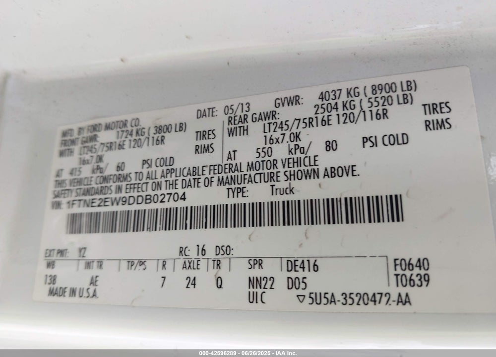 2013 FORD E-250 COMMERCIAL VIN: 1FTNE2EW9DDB02704