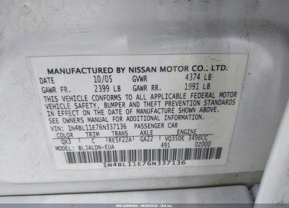 2006 NISSAN ALTIMA 3.5 SL VIN: 1N4BL11E76N337136