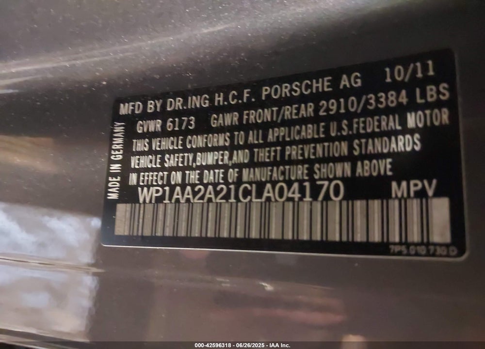 2012 PORSCHE CAYENNE VIN: WP1AA2A21CLA04170