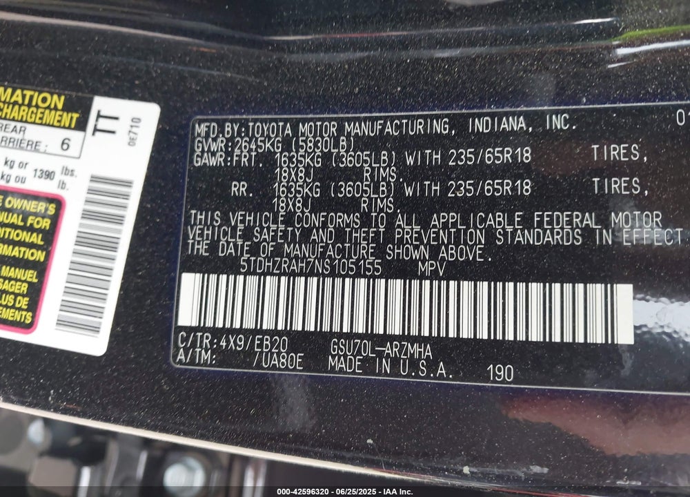 2022 TOYOTA HIGHLANDER VIN: 5TDHZRAH7NS105155