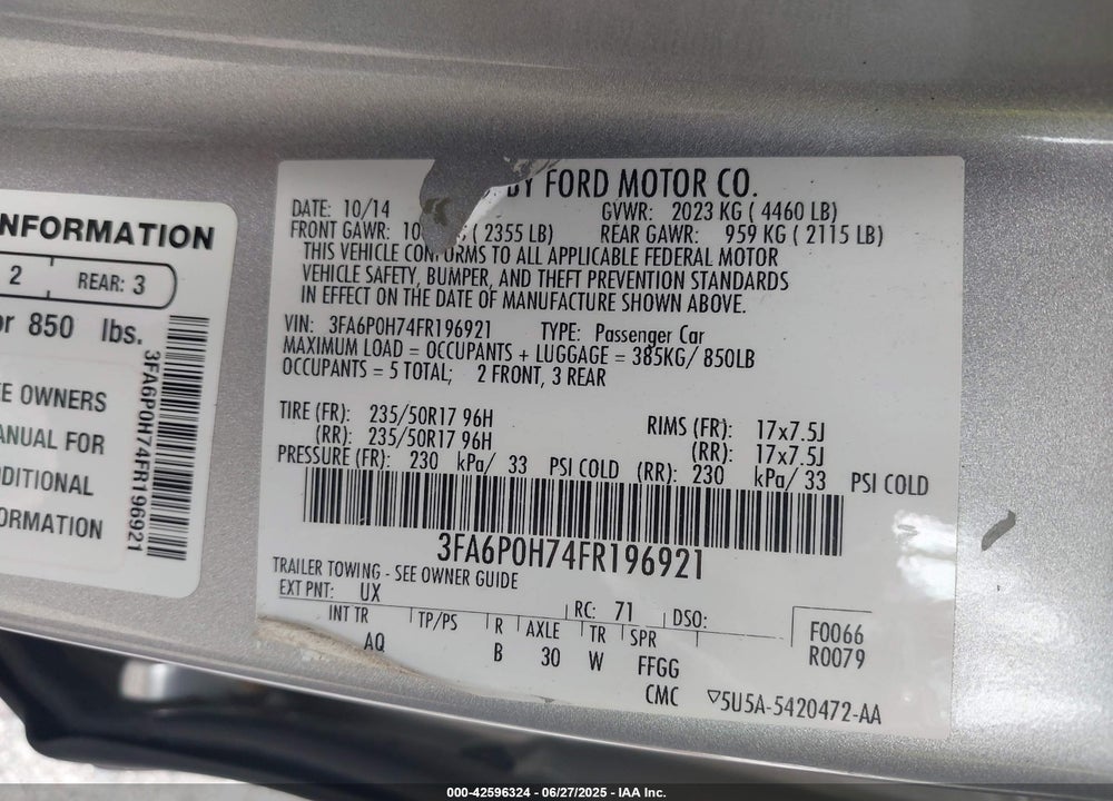 2015 FORD FUSION SE VIN: 3FA6P0H74FR196921