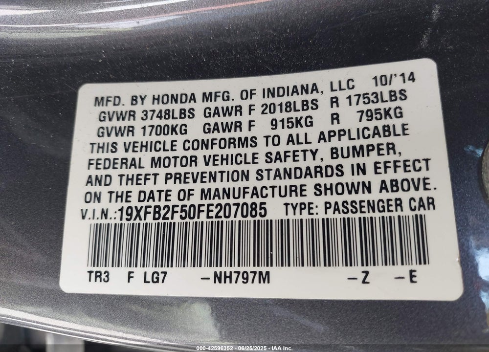 2015 HONDA CIVIC VIN: 19XFB2F50FE207085