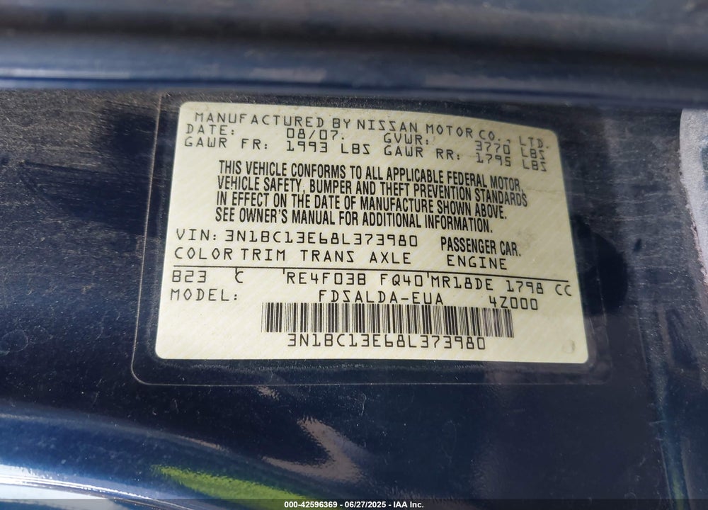 2008 NISSAN VERSA VIN: 3N1BC13E68L373980