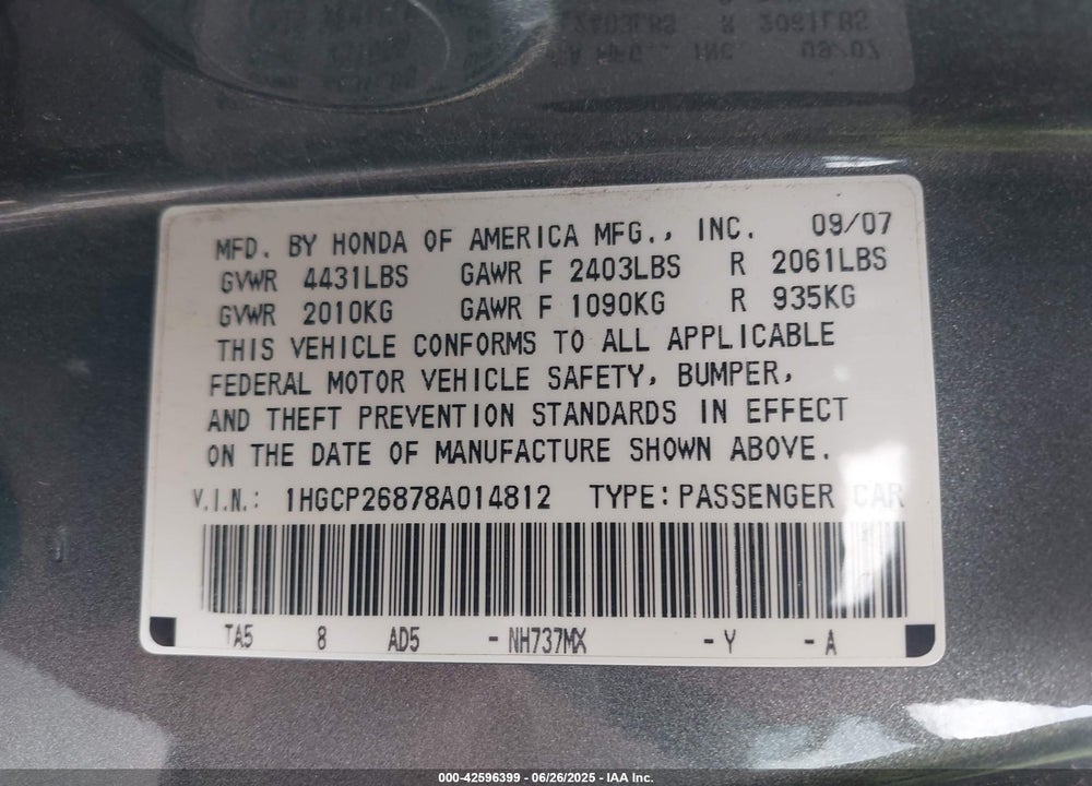 2008 HONDA ACCORD 2.4 EX-L VIN: 1HGCP26878A014812