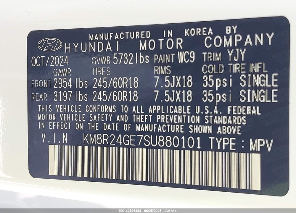 2025 HYUNDAI PALISADE SEL VIN: KM8R24GE7SU880101