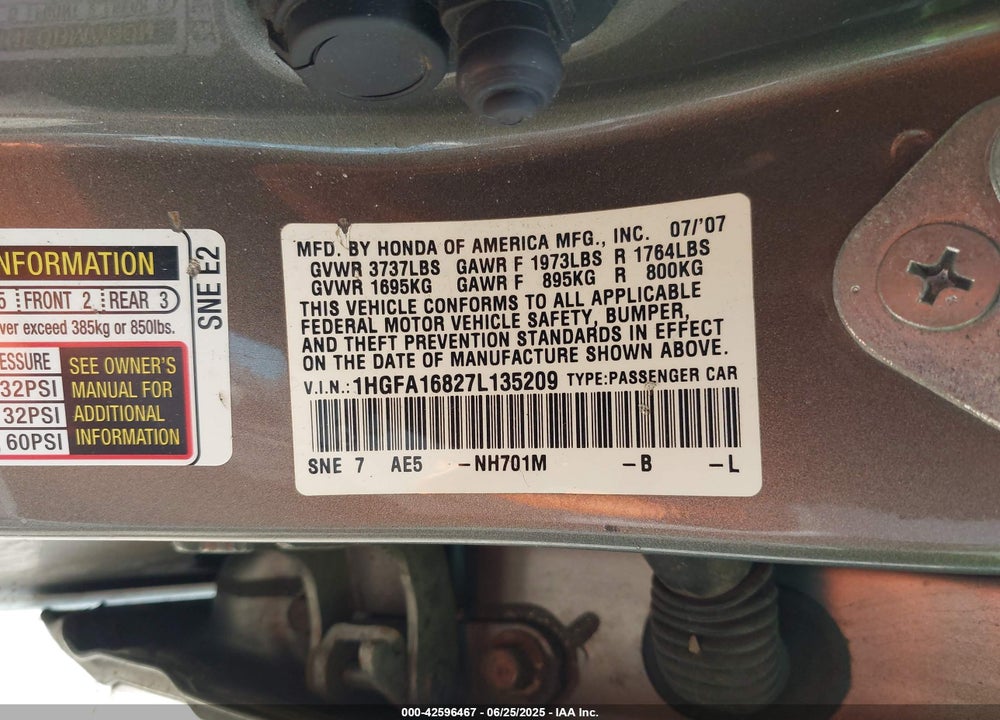 2007 HONDA CIVIC VIN: 1HGFA16827L135209