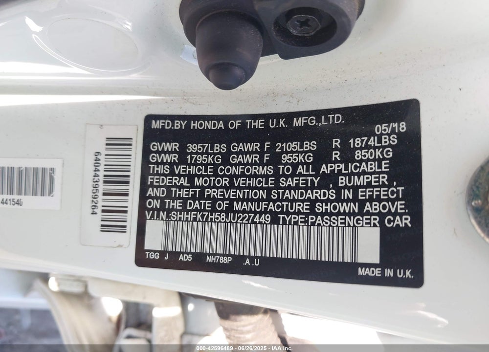 2018 HONDA CIVIC EX VIN: SHHFK7H58JU227449