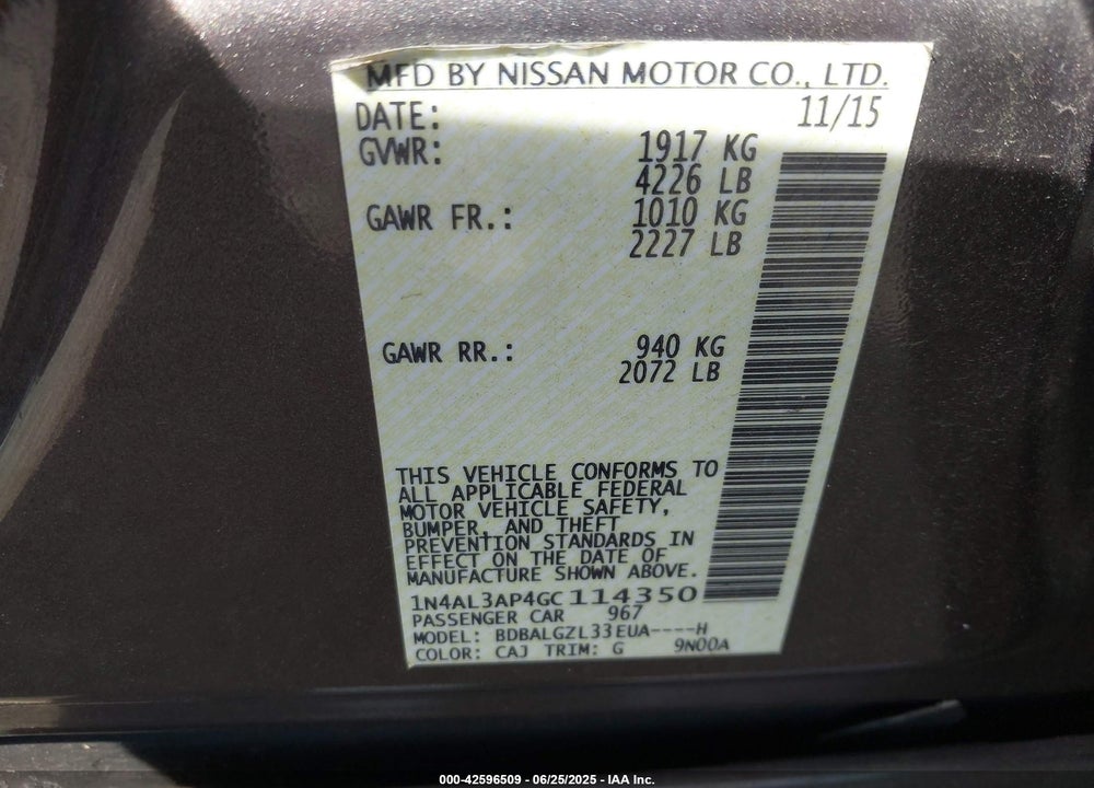 2016 NISSAN ALTIMA VIN: 1N4AL3AP4GC114350