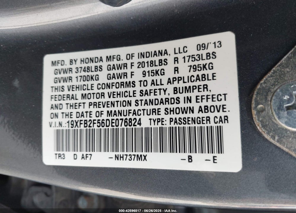 2013 HONDA CIVIC VIN: 19XFB2F56DE076824