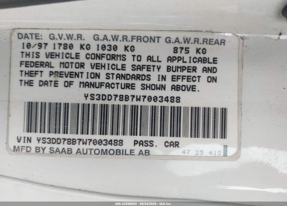 1998 SAAB 900 S VIN: YS3DD78B7W7003488